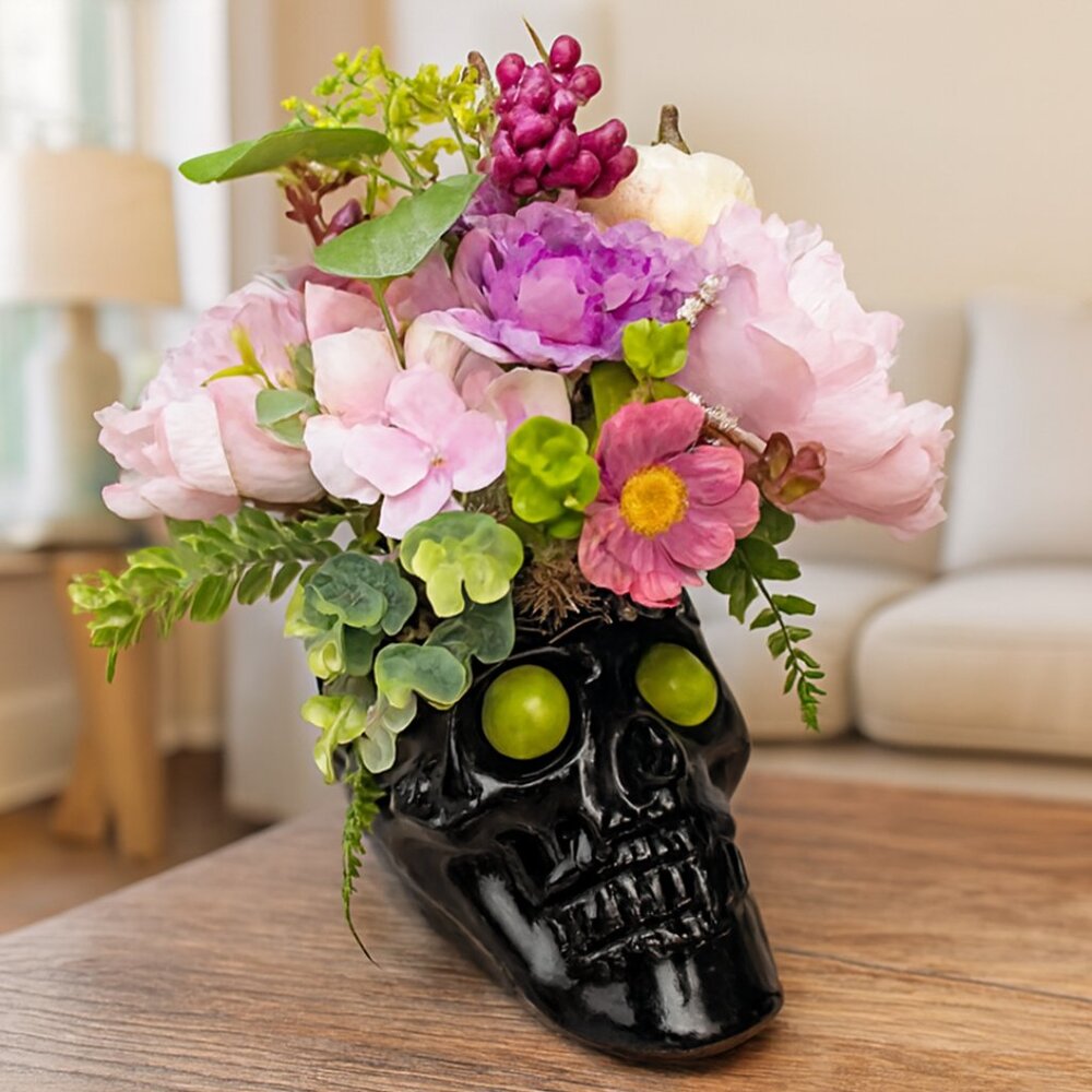 Black Skull Vase with Pink and Purple Floral Arrangement - Custom